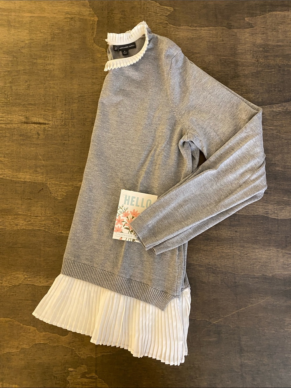 Adrienne Vittadini Gray Knit Sweater with White Pleated Hem